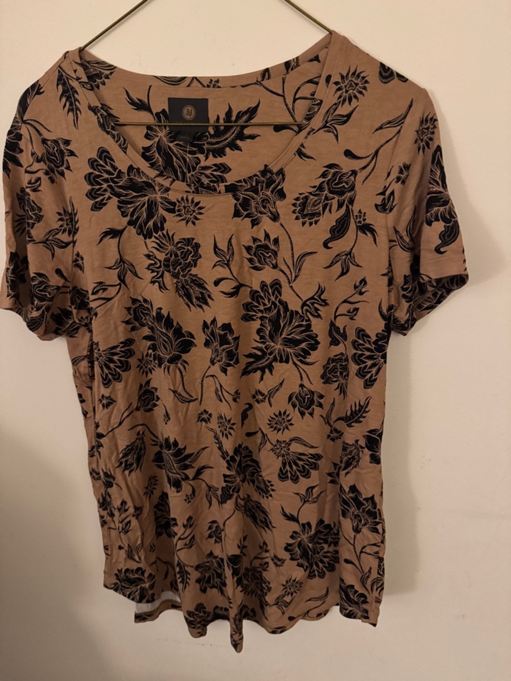 JM Collection Tan Short-Sleeve Tee with Black Floral Print